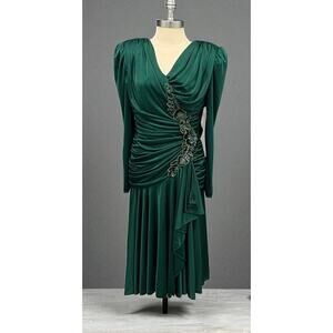 Filigree LTD. Women's Emerald Green Ruched Beaded Maxi Dress 8 Padded Shoulders